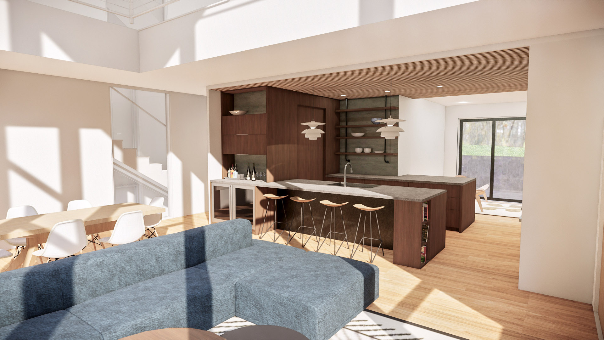 3D architectural rendering for modern kitchen ideas-living room-NC architect